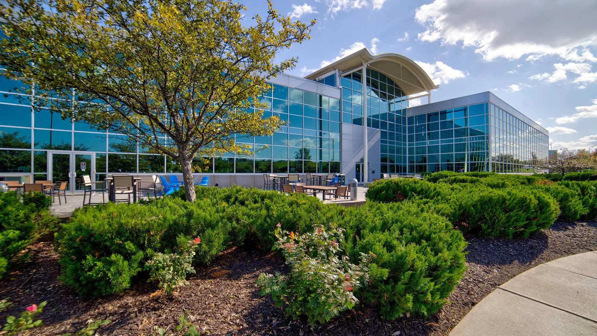 A commercial building with personalized landscape design in Omaha, NE.