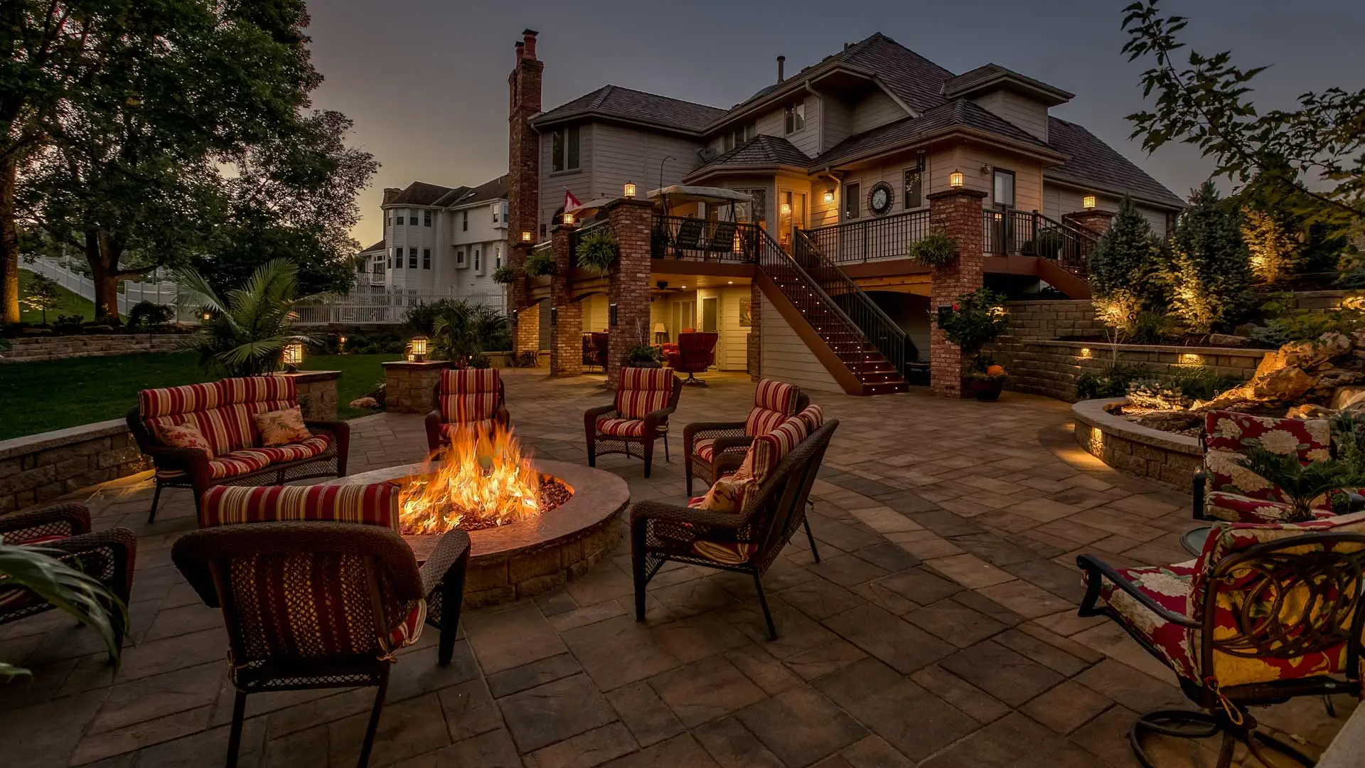 High-end landscape design and outdoor living area in Omaha, Nebraska.