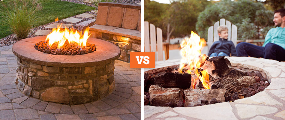 Pictures of a wood burning firepit and a gas burning firepit