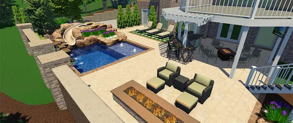 3d landscape design with pool, slide, and patio area for a property in Bellevue, NE.