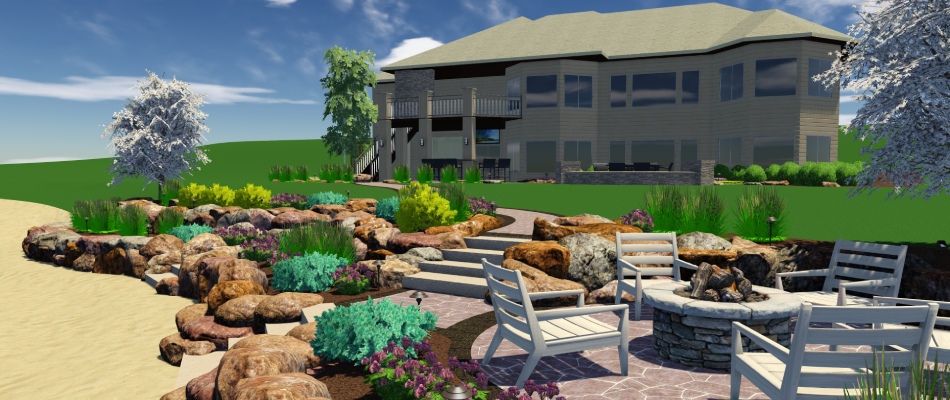 A custom built 3D rendering for backyard landscaping design in Mead, NE.