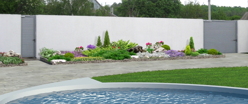 3d rendering landscape design with lawn bed and pool near Valley, NE.