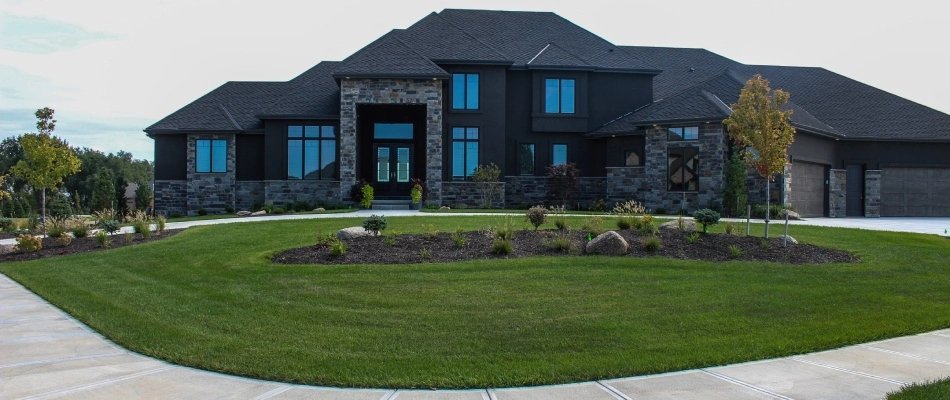 Freshly mowed lawn in home front in Waterloo, NE.