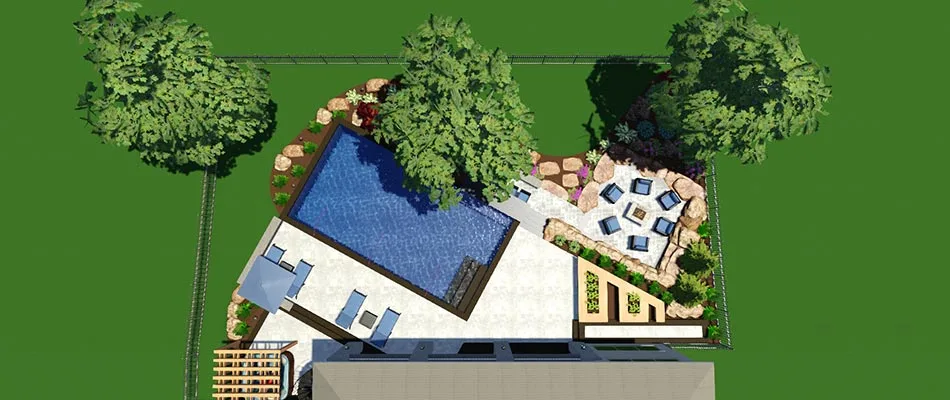 A 3D landscape and pool design from a bird's eye view.