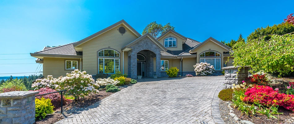 Driveway with a herringbone paver pattern in La Vista, NE.