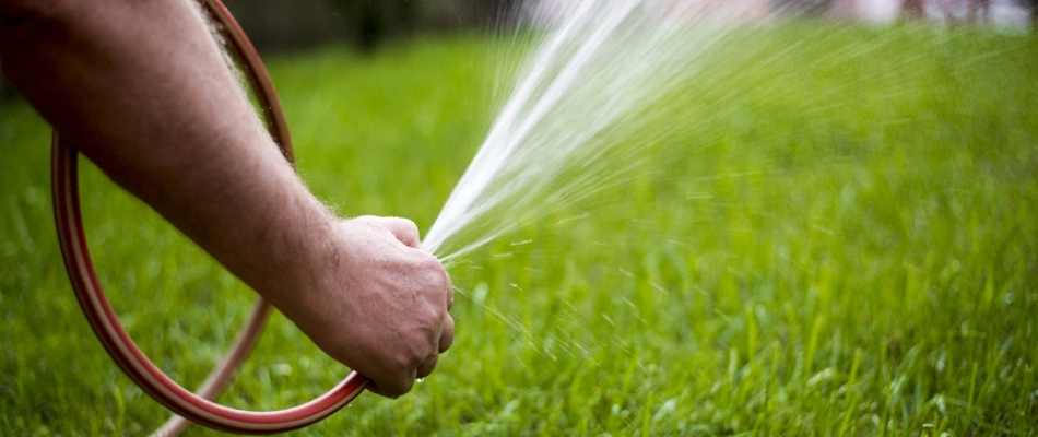 Hand watering a new lawn with sod installed in Omaha, NE.