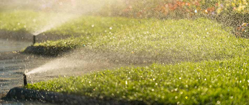 Irrigation sprinklers watering a lawn in North Omaha, NE.