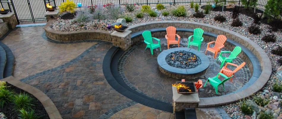 Outdoor seating are with installed fire pit for a customer in Omaha, NE.