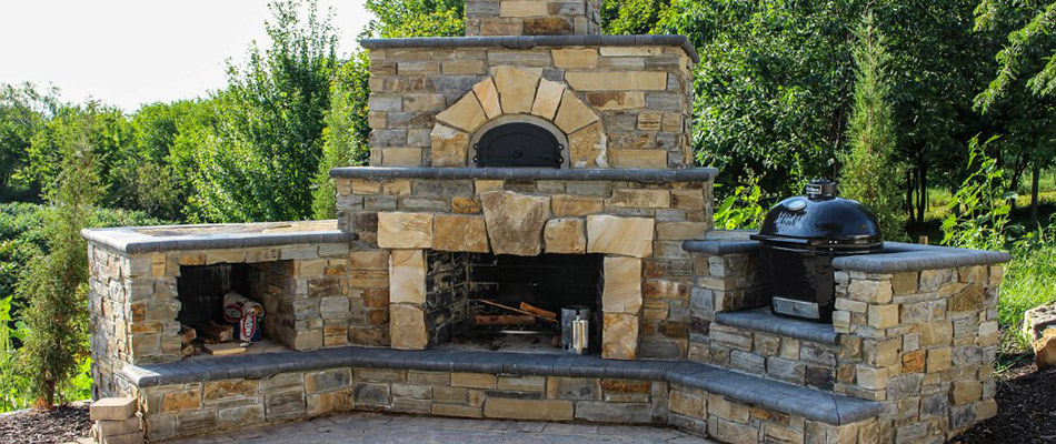 Outdoor fire place made from natural brick pavers near Bennington, NE.