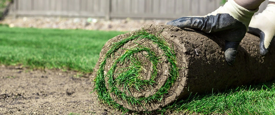 A professional unrolling new sod for installation in La Vista, NE.