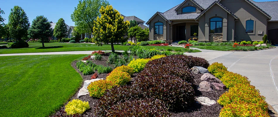 A beautiful, well-kept lawn surrounded by softscapes in Washington County, NE. 