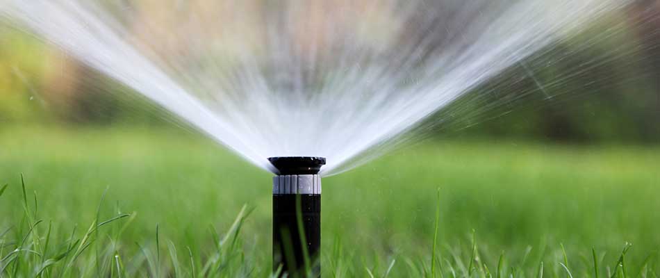 Sprinkler system watering a lawn in Bennington, NE.