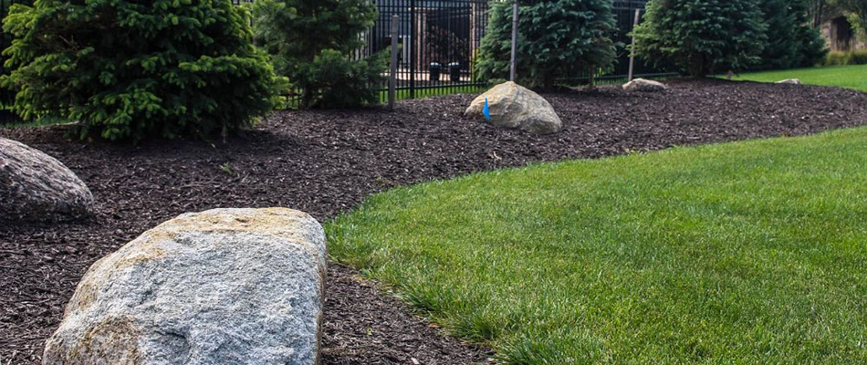 A healthy, weed-free lawn and landscape bed by a home in Elkhorn, NE.