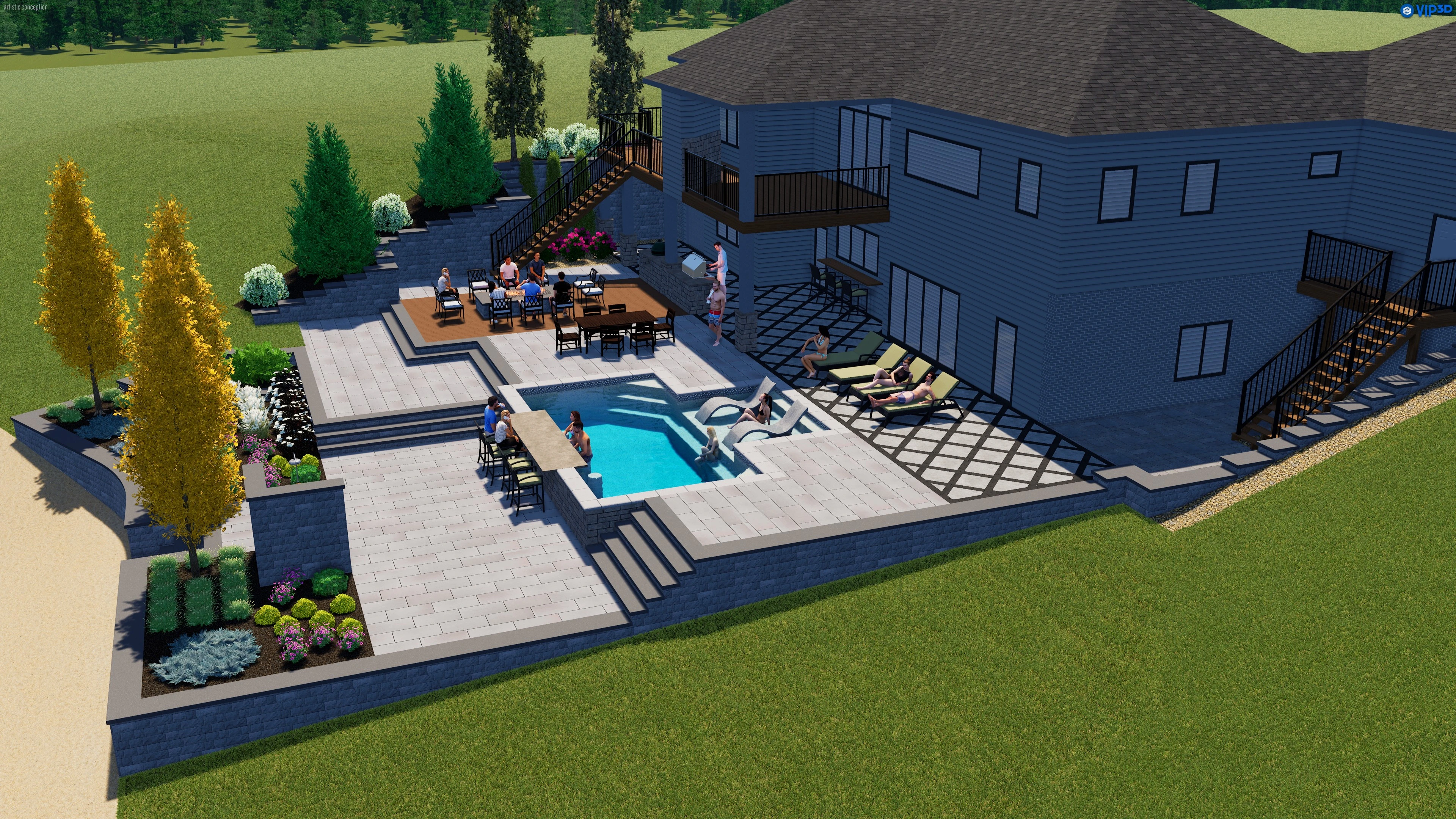 Rendering, backyard pool, firepit, walls, outdoor living