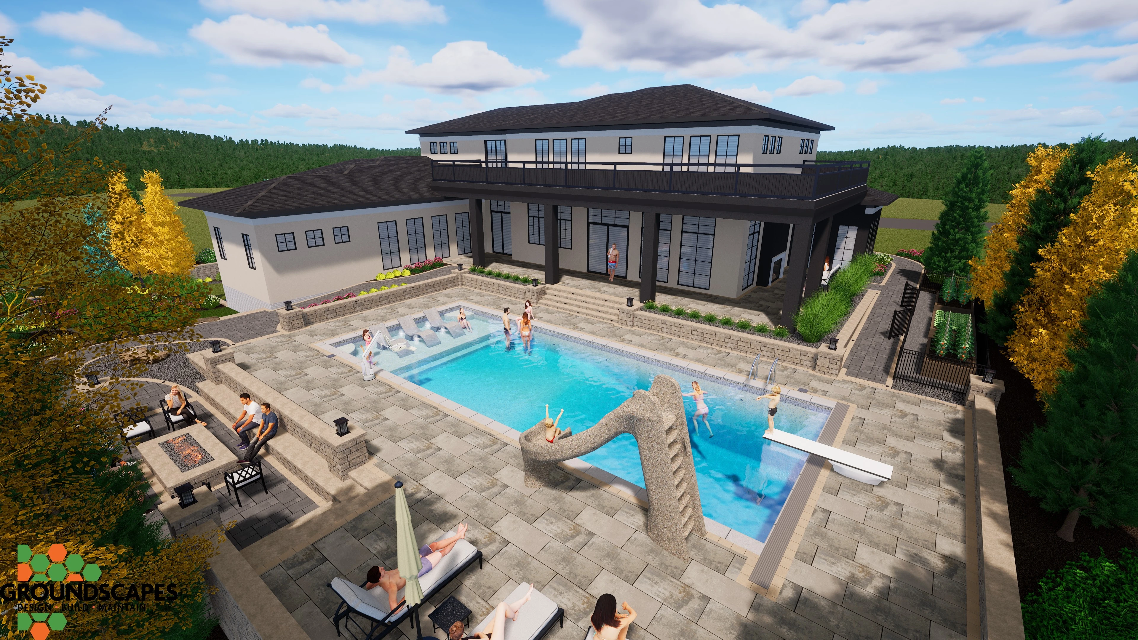 3D Rendering, backyard pool, firepit, walls, outdoor living